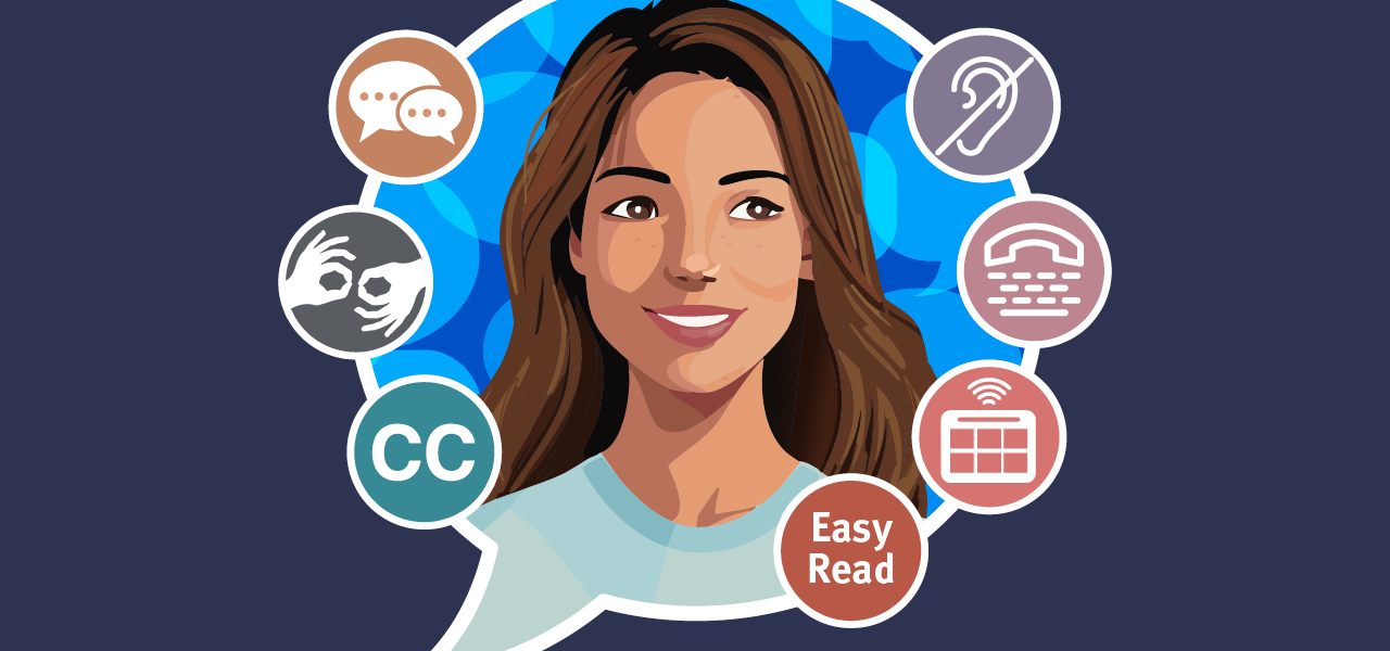 An illustration of a smiling young woman with long, brown hair. She is surrounded by symbols that represent different ways people communicate.