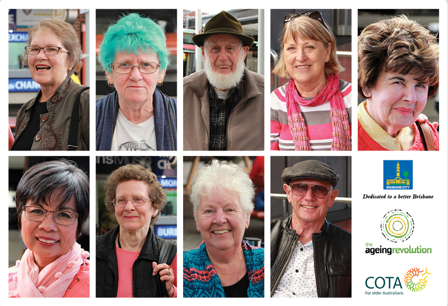 Series of 'elfies' (elder selfies) taken by people who participated in the The Ageing Revolution, a pop-up event held in Queen Street Mall. The images are a mix of men and women.