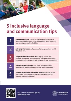 Snap shot of the 5 inclusive language and communication tips poster